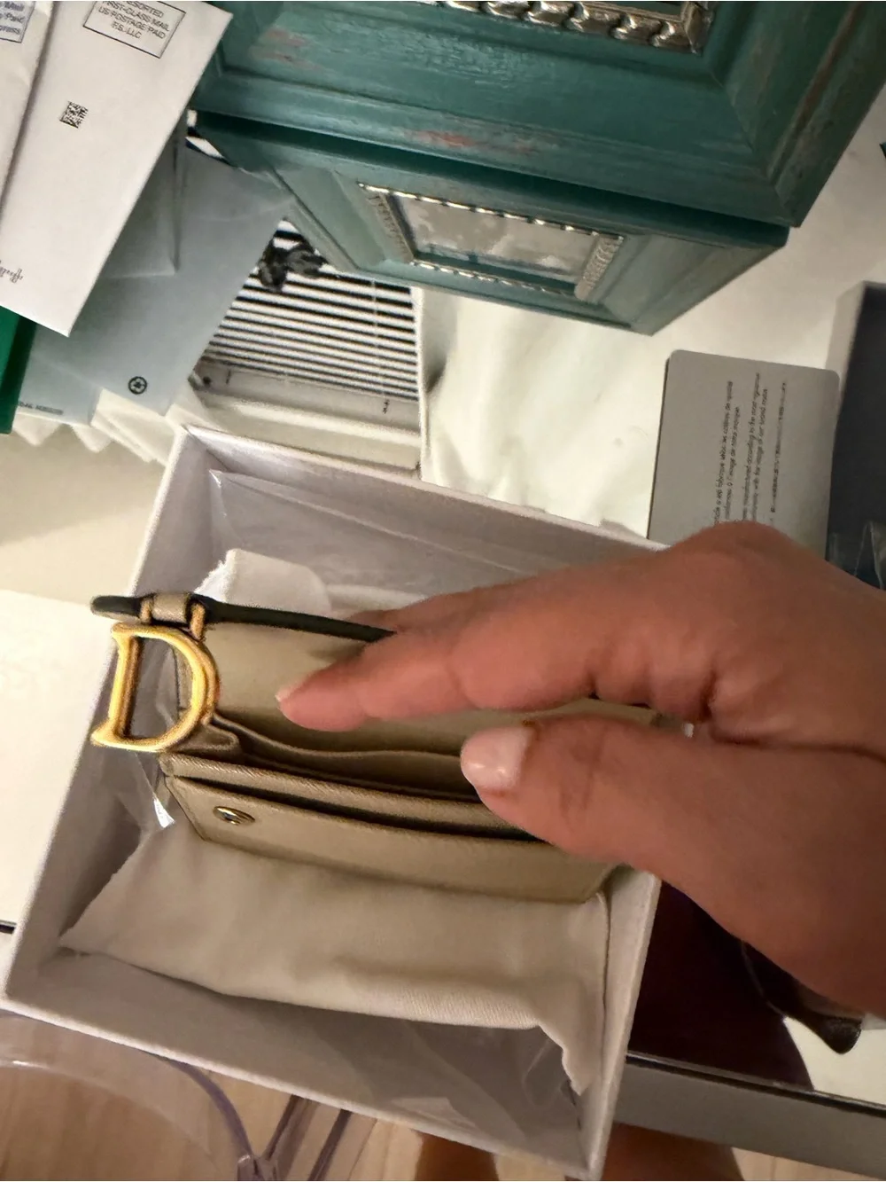 Dior Taupe Saddle Card Case with Gold 'D' Charm